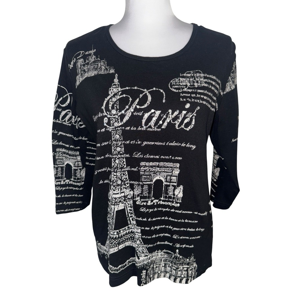 VTG White Stag Paris Eiffel Tower Graphic Top Womens Large Black 3/4 Sleeve Tee